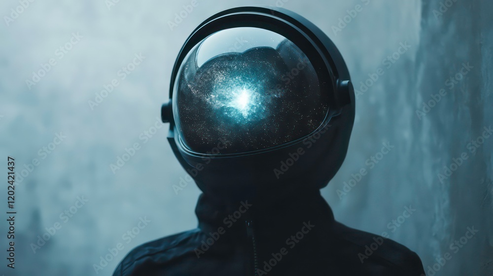 Wall mural an astronaut's helmet reflects a cosmic explosion, representing the vast and mystical nature of spac