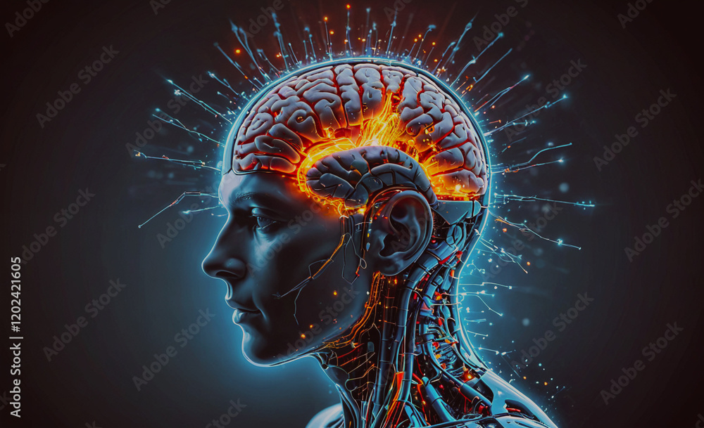 Poster a man's head with a brain that is glowing red. the brain is surrounded by a lot of sparks