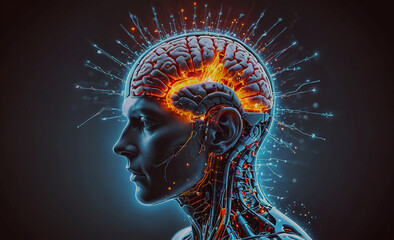 A man's head with a brain that is glowing red. The brain is surrounded by a lot of sparks