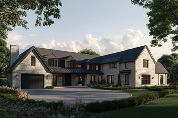 Elegant stone house in a serene landscape captured during golden hour with soft lighting enhancing architectural details