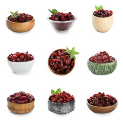 Set of bowls with tasty dried cranberries on white background