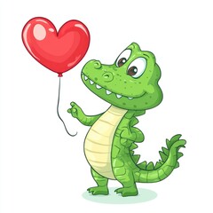 Fototapeta premium Cartoon alligator holding a red heart balloon on a white background, for kids or cards