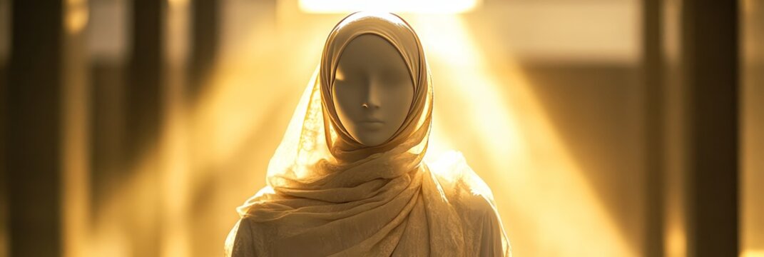 A woman is wearing a white scarf and standing in front of a window. The scarf is draped over her head and the sunlight is shining on it, creating a beautiful and serene atmosphere. Muslim woman in hij