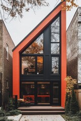 Modern angular house in urban setting showcases bold color and contemporary design amidst autumn foliage in a vibrant neighborhood