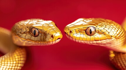 Obraz premium Two Golden Snakes Face Each Other Close Up