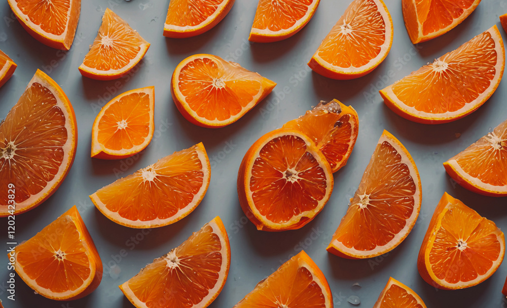 Fototapete a close up of orange slices on a table. the slices are cut in half and arranged in a pattern. concep
