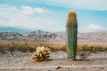 A single cactus stands tall in a desert landscape with distant mountains, A solitary cactus standing tall in the arid landscape