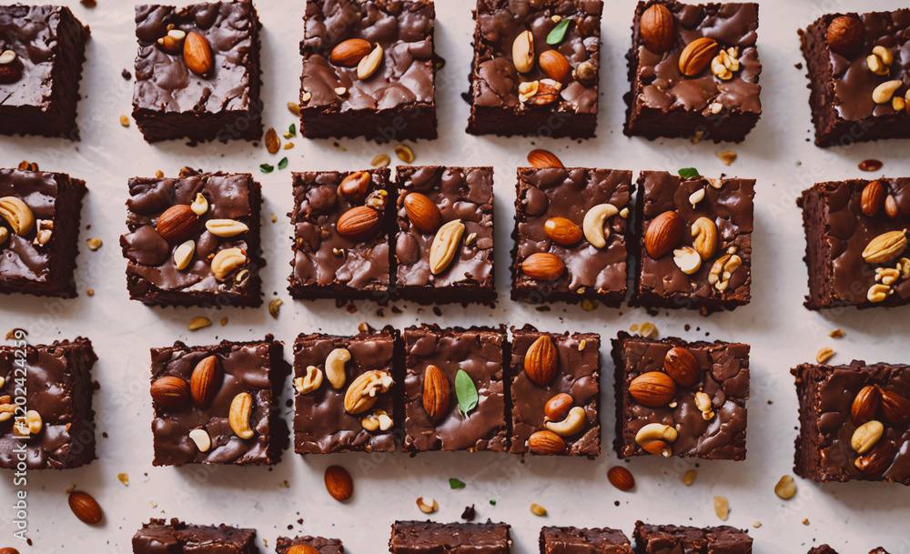 Aufkleber A row of brownies with nuts on top. The brownies are cut into squares and are arranged in a neat row