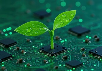 Green sprout, circuit board, water droplets, technology and nature fusion, eco-friendly innovation, microchip plant, digital growth, sustainable tech, electronic seedling, green computing, bio-inspire