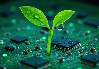 Green sprout, circuit board, water droplets, technology and nature fusion, eco-friendly innovation, microchip plant, digital growth, sustainable tech, electronic seedling, green computing, bio-inspire