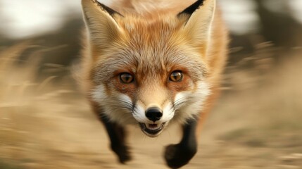 Fototapeta premium Red fox running towards camera, blurred background.