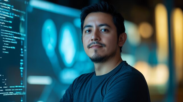Mexican Male Programmer with Hologram Code