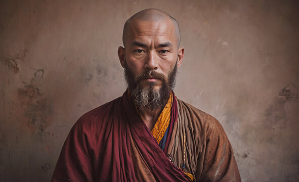 A man with a beard and a turban is standing in front of a wall. He is wearing a red robe and a yellow scarf - Powered by Adobe