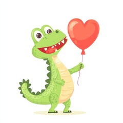 Obraz premium Happy crocodile holding heart balloon; Valentine's Day card