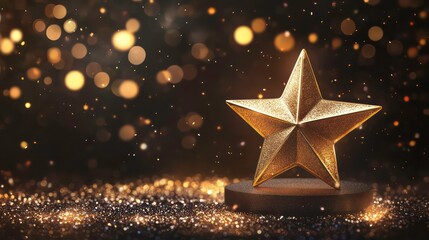 Award ceremony background and 3d gold luxury star element on the podium and glitter light effects decorations and bokeh