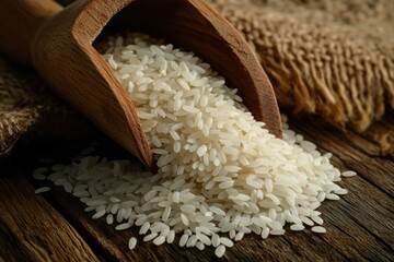 Rice grains in a wooden scoop. Uncooked white rice in a rustic wooden scoop. Highlighting traditional cooking methods and simplicity. Ideal for culinary history articles and food industry promotions.
