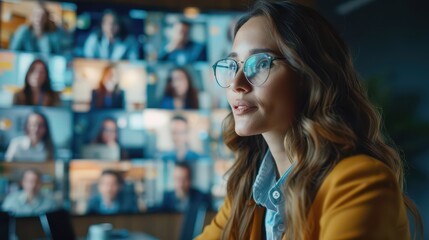 A virtual meeting scene with employees engaging in a lively debate, captured through a split-screen showing multiple participants. 