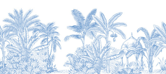  Blue Indian toile jungle seamless border. Tropical palm tree, plants, architecture mural.	