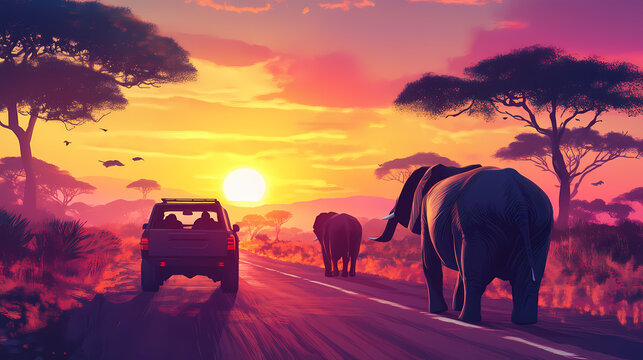 Fototapeta Elephant encounter on safari road at sunset. Exotic Wildlife Encounter. Illustration