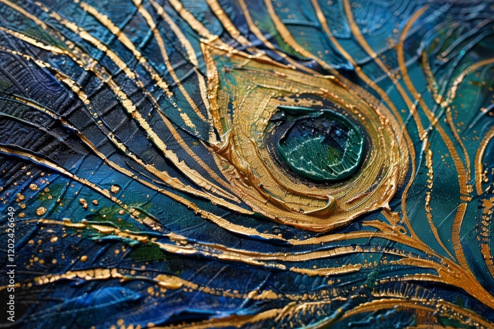 Poster a close-up view of a peacock feather print, showcasing intricate details and vibrant colors, create 