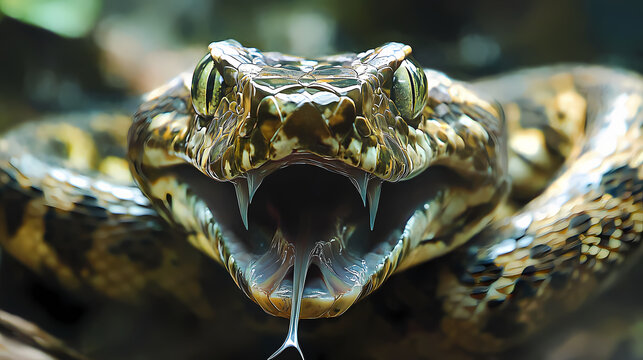 Gaboon viper encounter gabon wildlife forest habitat close-up view exposed fangs and cryptic colors. Exotic Wildlife Encounter. Illustration