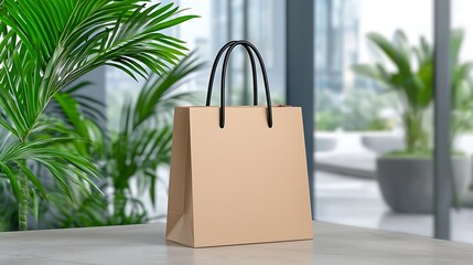 Kraft Paper Shopping Bag Mockup with Green Plants Background