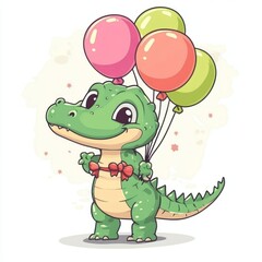 Obraz premium Cute crocodile holding balloons, celebration, pastel background, children's illustration