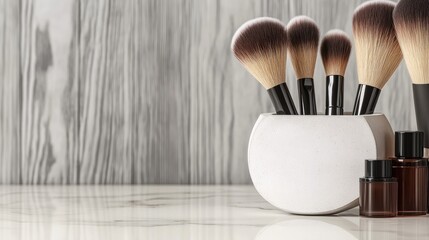 Four makeup brushes are neatly displayed in a round holder. They sit among fresh greenery, creating a stylish and natural aesthetic on a light wooden surface