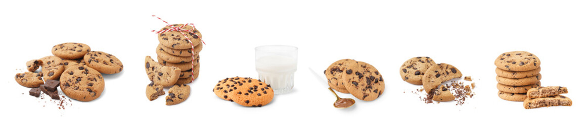 Set of sweet cookies with chocolate chips on white background