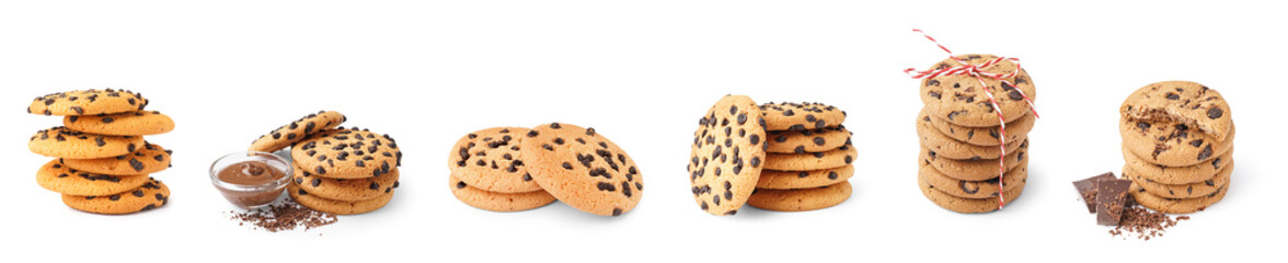 Set of sweet cookies with chocolate chips on white background