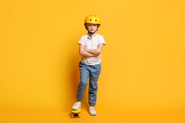Little girl in helmet with penny board on orange background