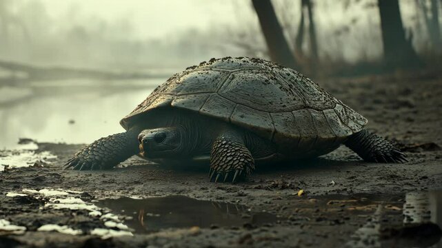 Turtle crawls along the muddy bank of a tranquil wetland environment during early morning light