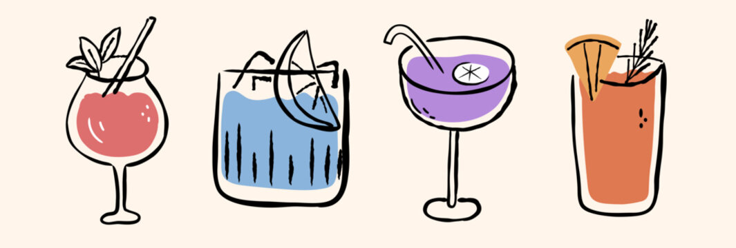 Party cocktail drink isolated set in line art outline style. Hand drawn doodle outline vector illustration