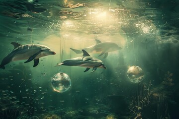 Obraz premium Artistic image: Dolphins experiment with disco balls underwater, An artistic interpretation of a scientific experiment studying the communication skills of dolphins