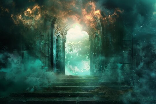 A mystical stone archway leading to a glowing, unknown dimension, filled with swirling clouds and faint light, A mysterious portal leading to an unknown dimension - Powered by Adobe