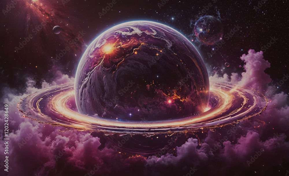 Poster a large purple planet with a ring around it. the planet is surrounded by a purple cloud. the image h