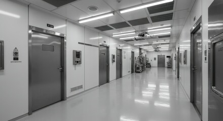 Sterile hospital corridor, long hallway, fluorescent lighting, closed doors, medical facility, institutional interior, monochrome, cold atmosphere, empty passageway, clinical environment, symmetrical 