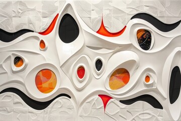 A white canvas with an abstract surrealist design featuring orange, black, and red shapes, A white canvas with abstract, surreal shapes