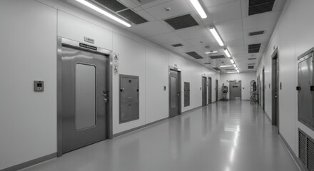 Sterile hospital corridor, long hallway, fluorescent lighting, closed doors, medical facility, institutional interior, monochrome, cold atmosphere, empty passageway, clinical environment, symmetrical 