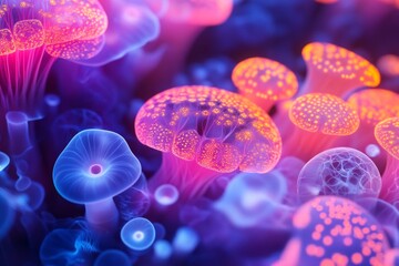 Obraz premium Glowing bioluminescent fungi cluster in vibrant hues