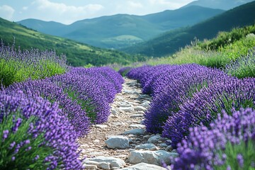 Lavender Rows Leading Through Mountain Landscape