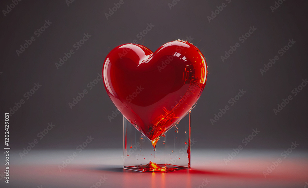 Poster a heart made of glass with a red liquid dripping from it. the heart is surrounded by a dark backgrou