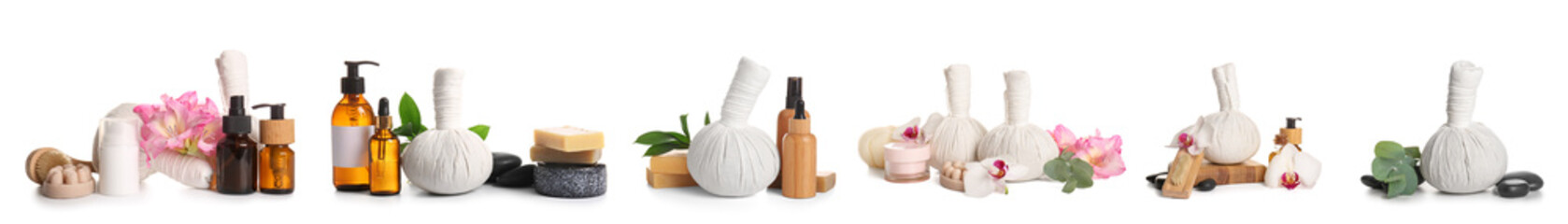 Set of spa supplies on white background