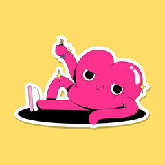 Cute funny Valentine's Day illustrations bundle. Vector sticker pack with pink hearts with faces in love. Come on baby light my fire. Heart in sneakers with smiling face and a lighter lying on a floor