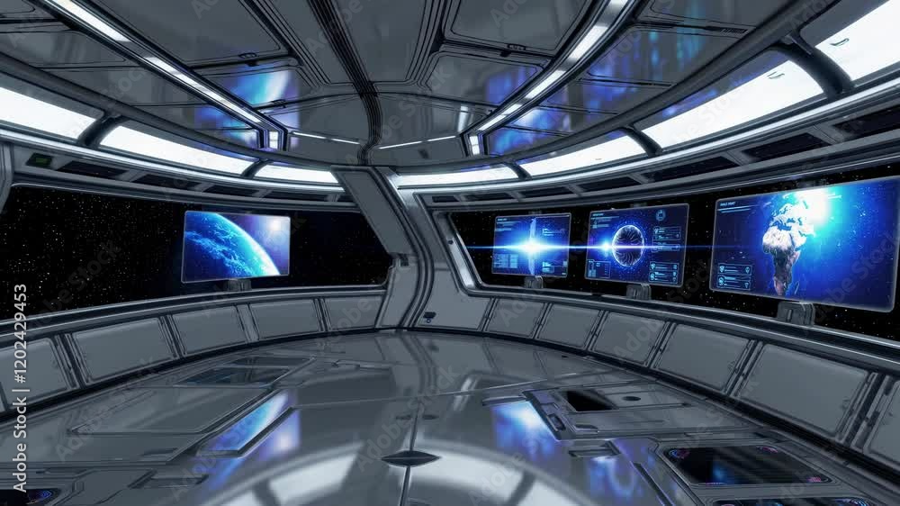 Aufkleber futuristic spaceship command center with holographic displays showing planets and space. high-tech s