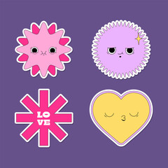 Cute funny Valentine's Day illustrations bundle. Minimalistic vector sticker pack. Colourful retro shapes with phrases. Stars, flowers, hearts with funny faces. Editable badge clipart design