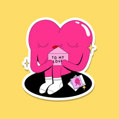 Cute funny Valentine's Day illustrations bundle. Vector sticker pack with lovely pink heart in love. Love letter. Trendy character send a postcard. Bright colorful character design. Cheerful mascot.