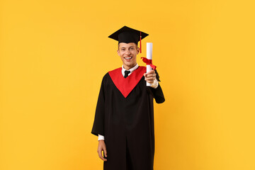 Happy student with diploma after graduation on orange background