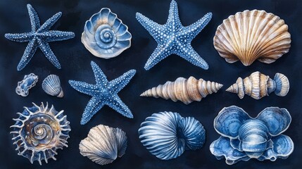 Set of watercolor sea shells and starfish. Hand drawn illustration