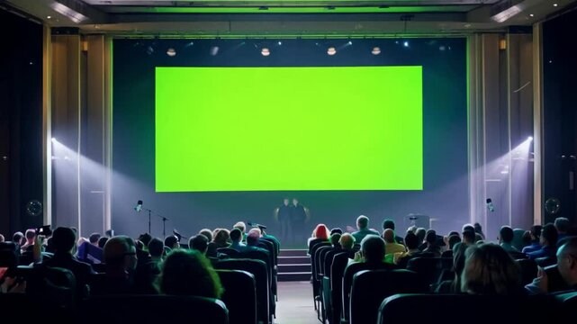 Interior view of a modern conference hall with a large green screen on stage, emphasizing business presentations, content display, or cinematic screenings.